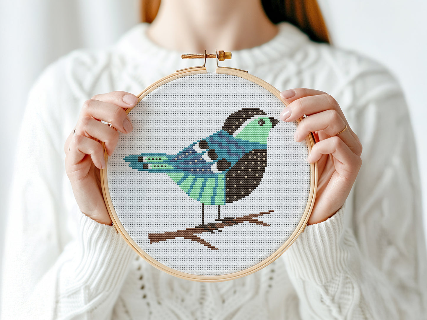 Person holding a cross-stitched hoop with a colorful bird design against a white background