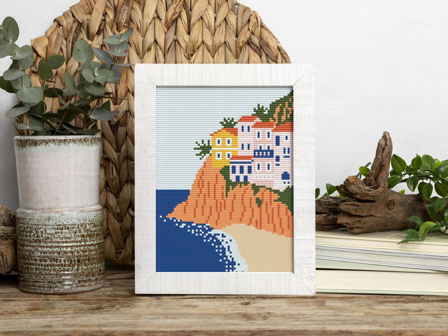 Italy coast cross stitch pattern – Mediterranean seaside embroidery PDF, Italian travel landscape design