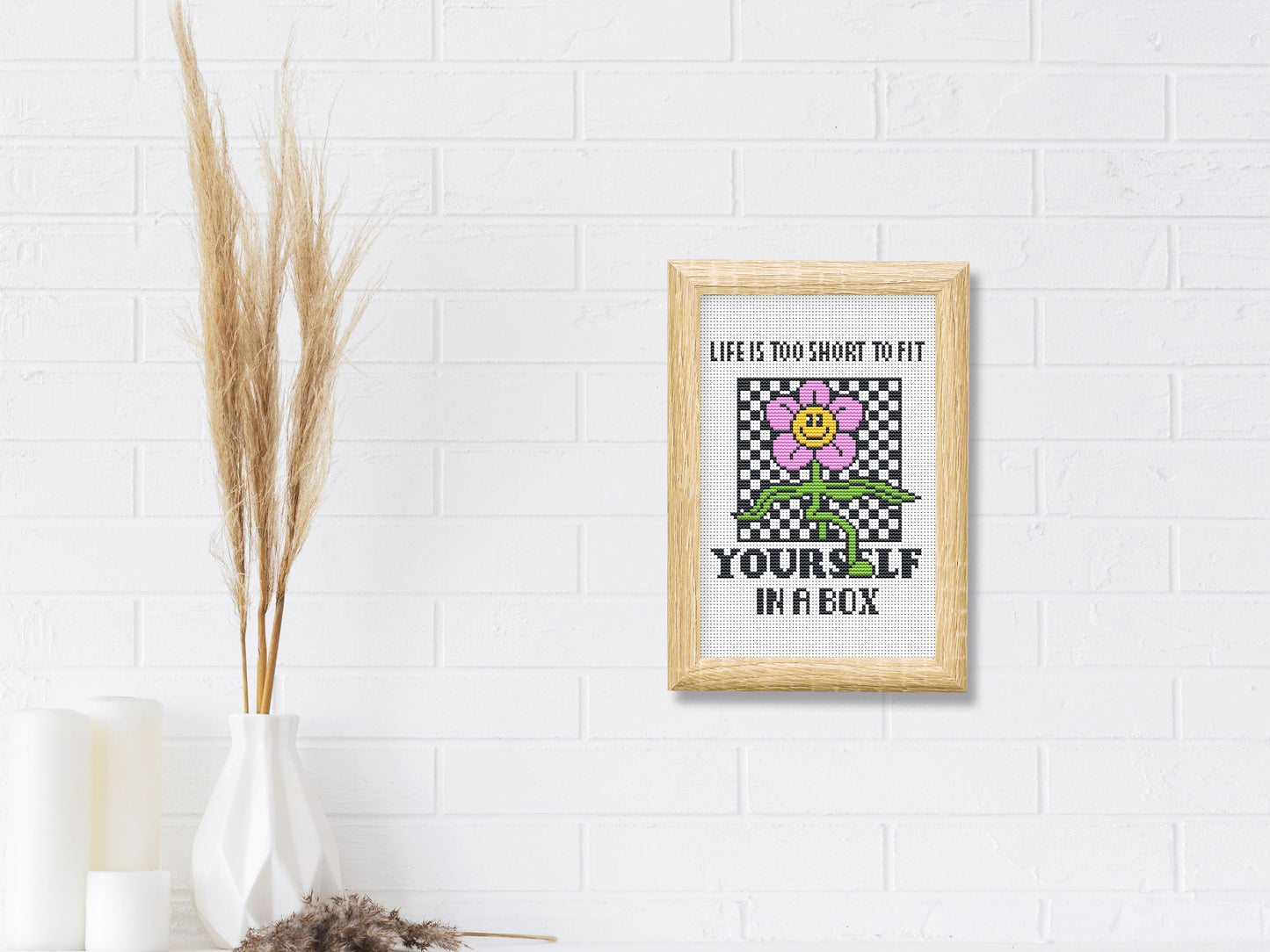 Life Is Too Short cross stitch pattern – funny cartoon quote embroidery PDF, retro modern design for home decor or gift