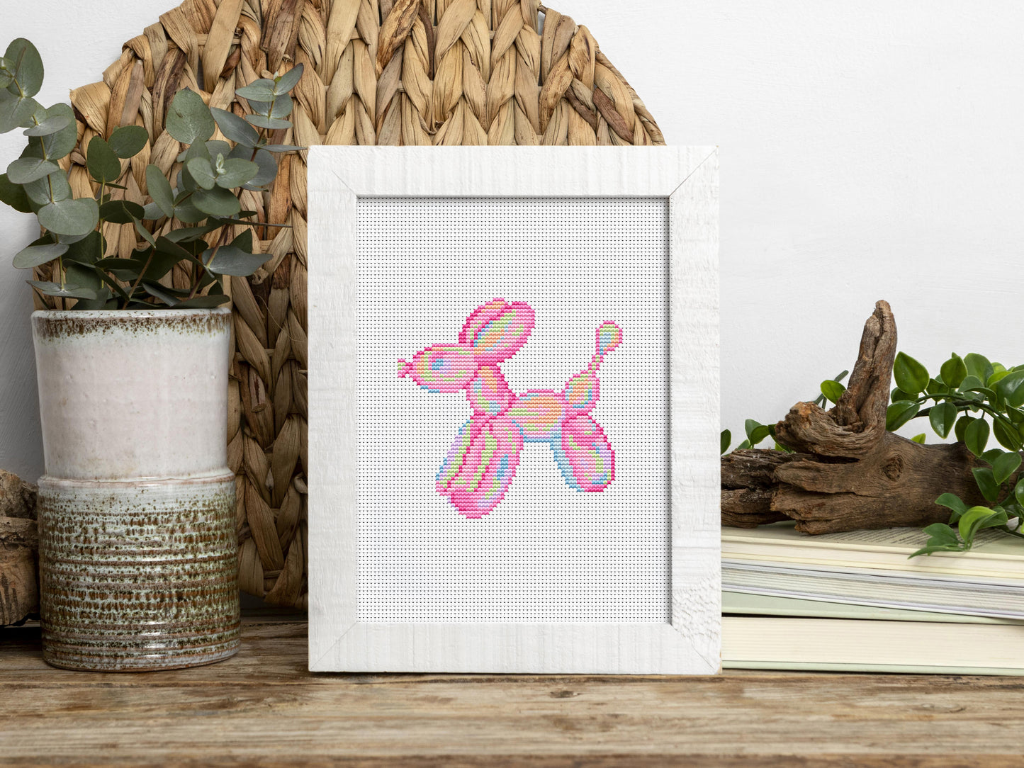 Pink inflatable balloon dog cross stitch pattern – cute modern embroidery PDF for girl’s room decor
