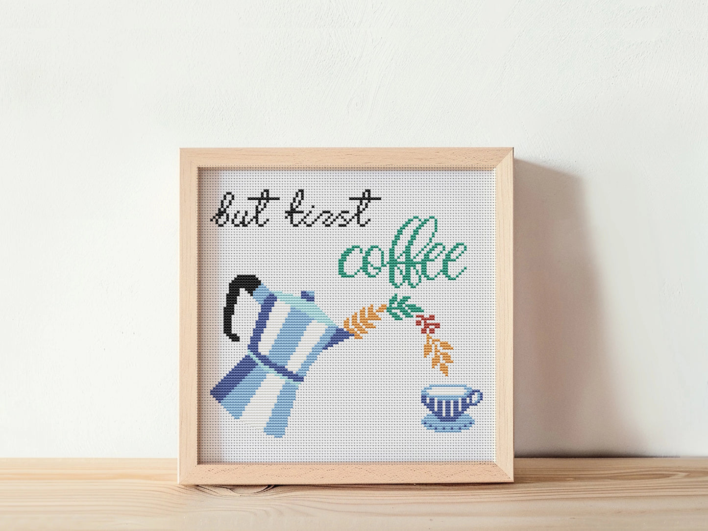 But First Coffee free cross stitch pattern, coffee quote embroidery design