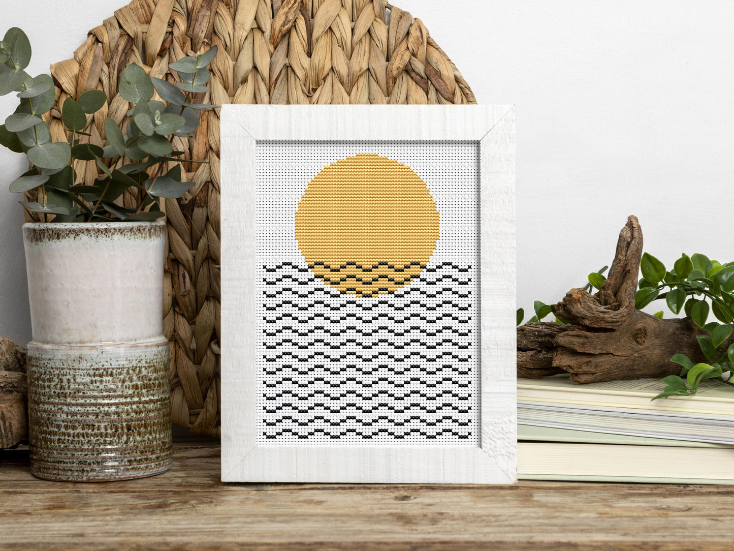 Abstract cross stitch pattern with geometric sun and sea lines – modern minimalist embroidery PDF