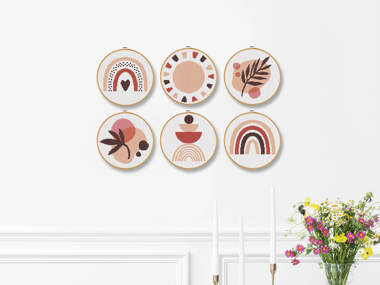 Set of 6 boho abstract shapes cross stitch patterns in minimalist style
