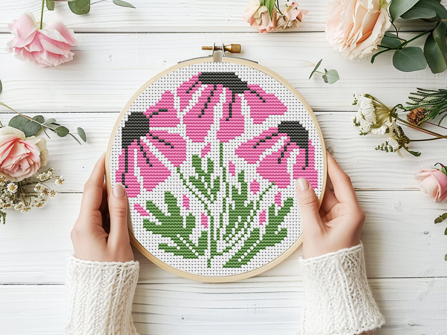 Modern floral cross stitch pattern set – 3 PDF flower hoop charts for beginners, minimalist botanical embroidery