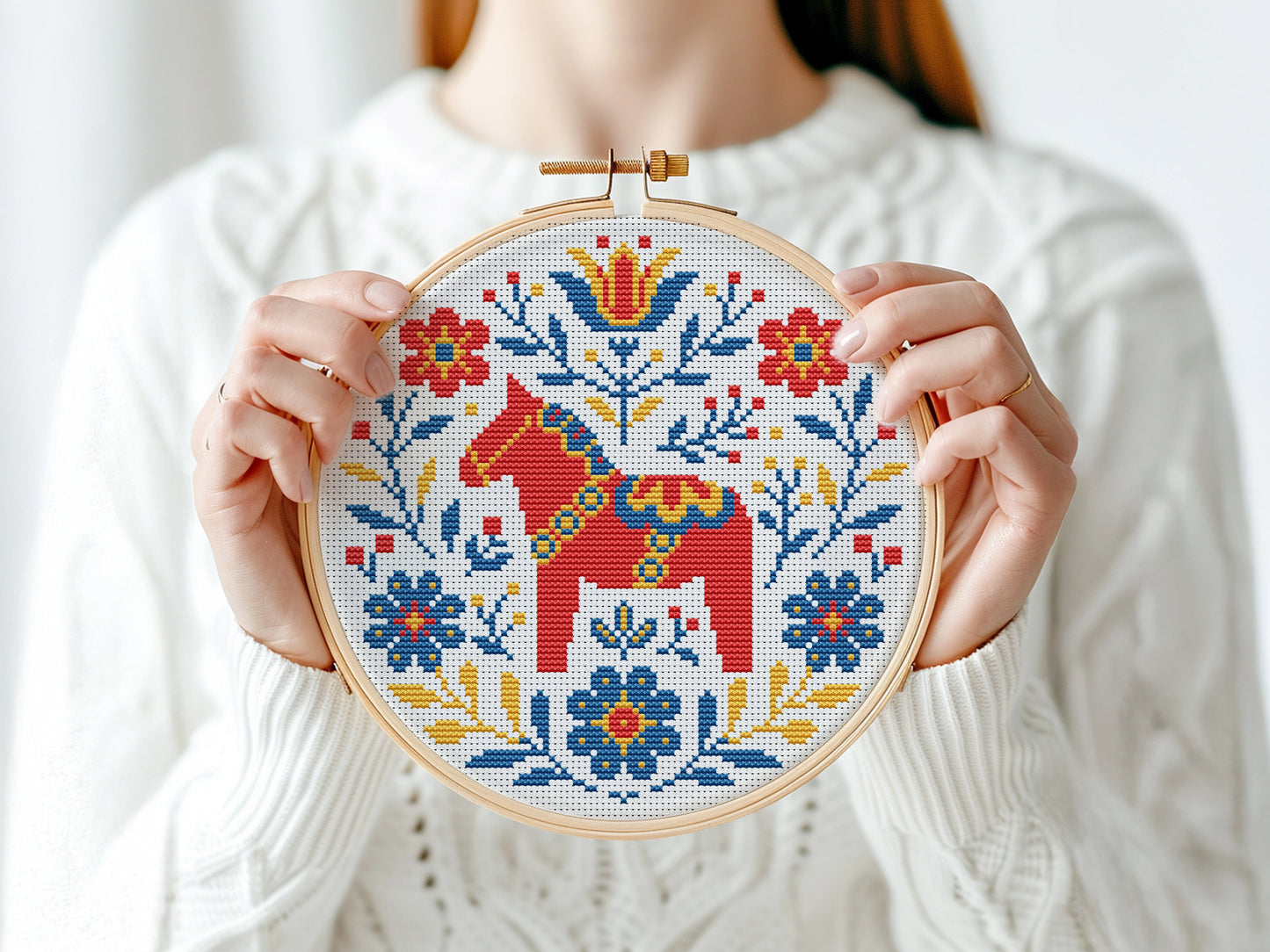 Nordic horse cross stitch pattern, Scandinavian folk embroidery design