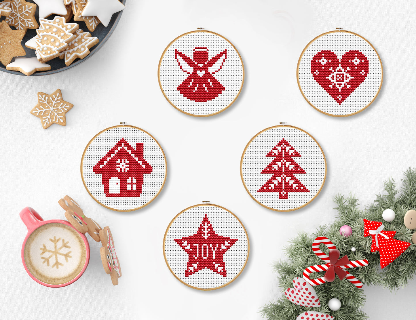 Set of 5 mini Christmas cross stitch patterns, festive holiday embroidery designs