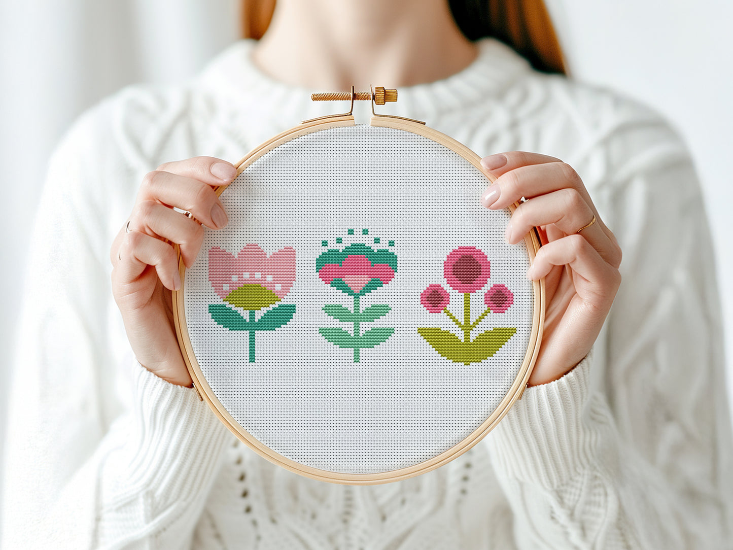 Three simple flowers cross stitch pattern with minimal floral design