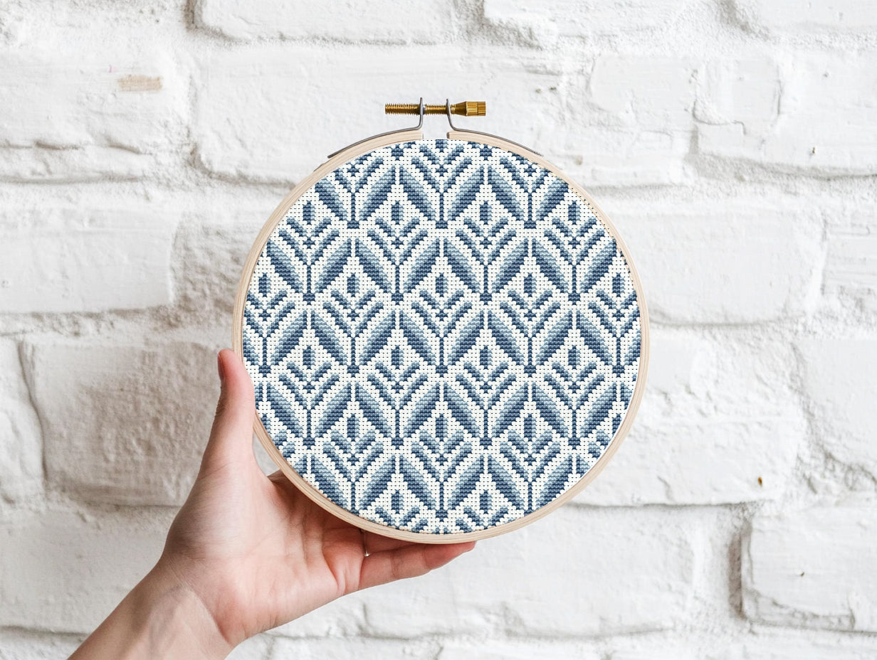 Blue geometric floral cross stitch pattern, digital PDF for modern embroidery