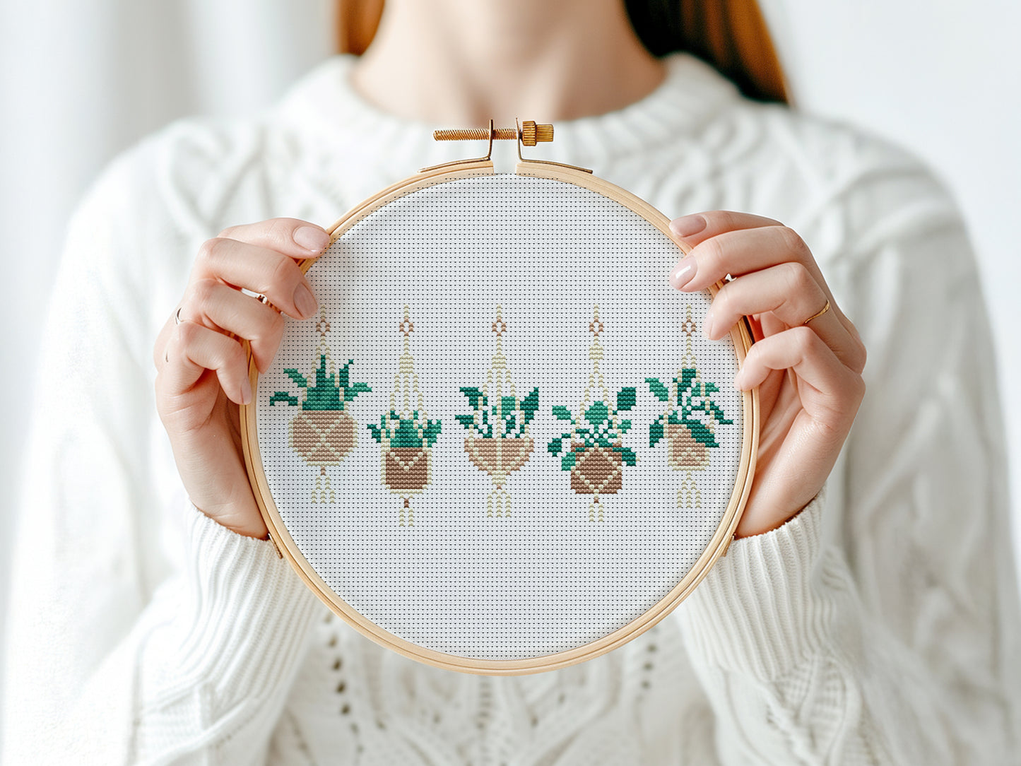 Boho cross stitch pattern with home plants in pots, decorative and stylish design