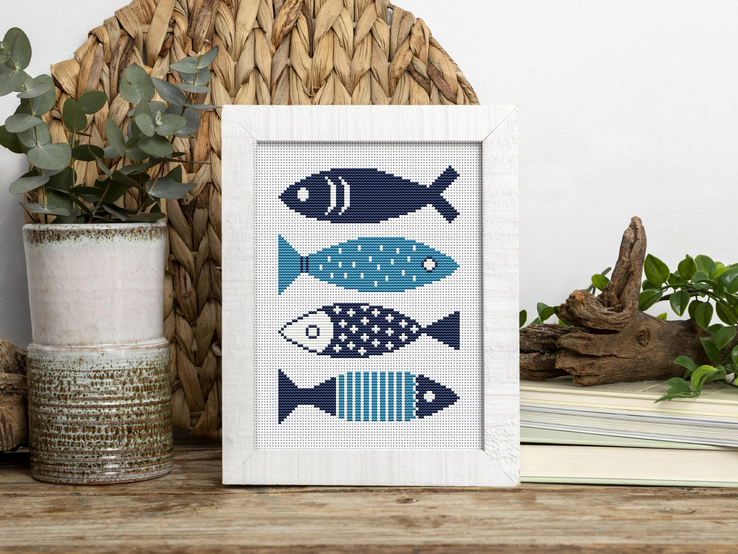 Abstract blue fishes cross stitch pattern – minimalist modern summer embroidery design PDF for ocean-themed decor