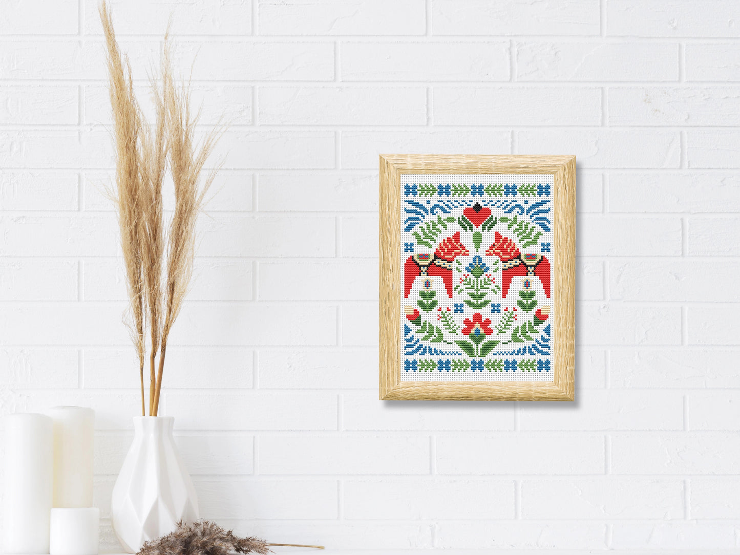 Swedish red horse cross stitch pattern, Nordic Dala horse embroidery design