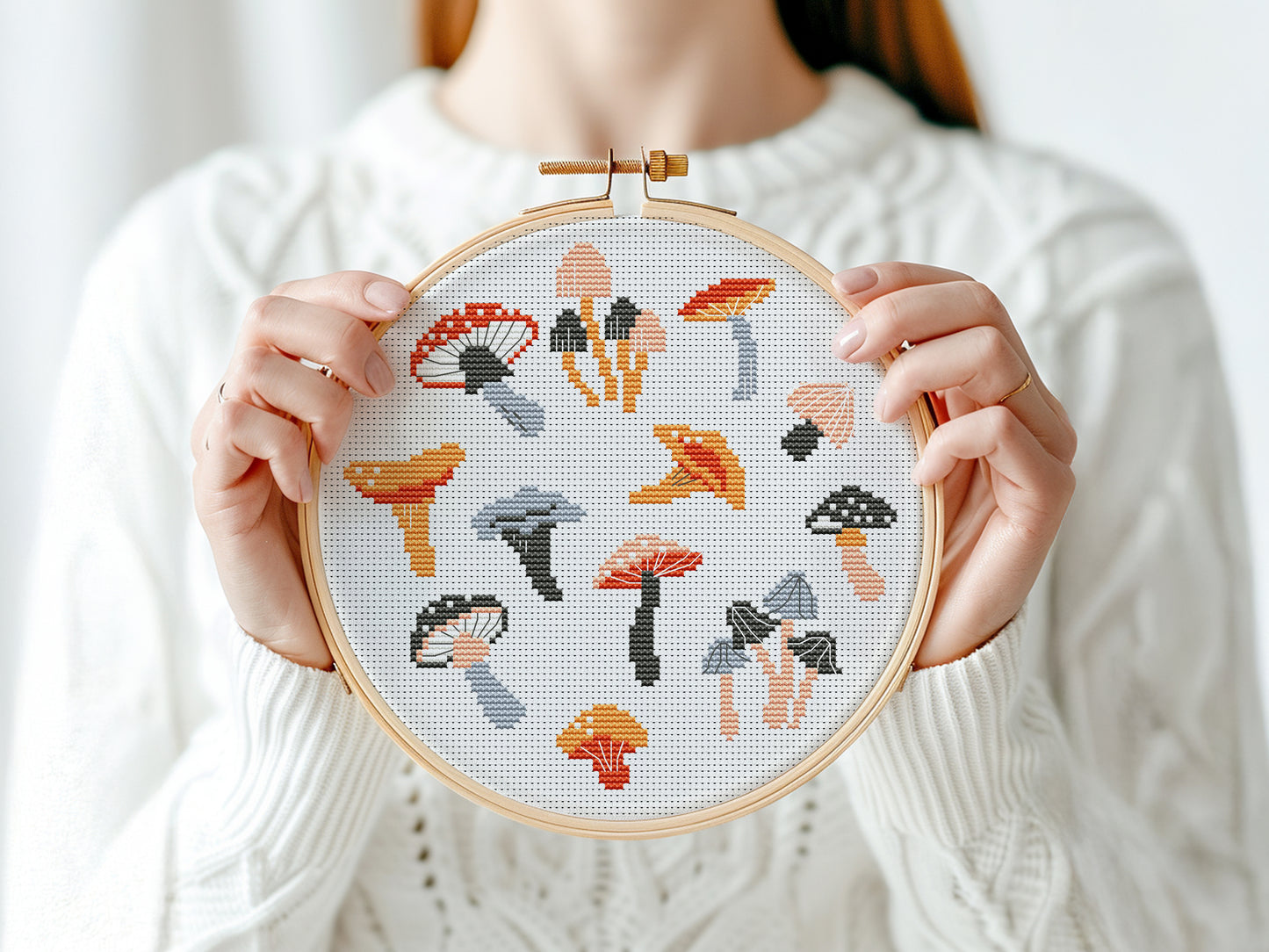 Autumn cross stitch pattern with cozy mushrooms, fall leaves, and seasonal forest elements