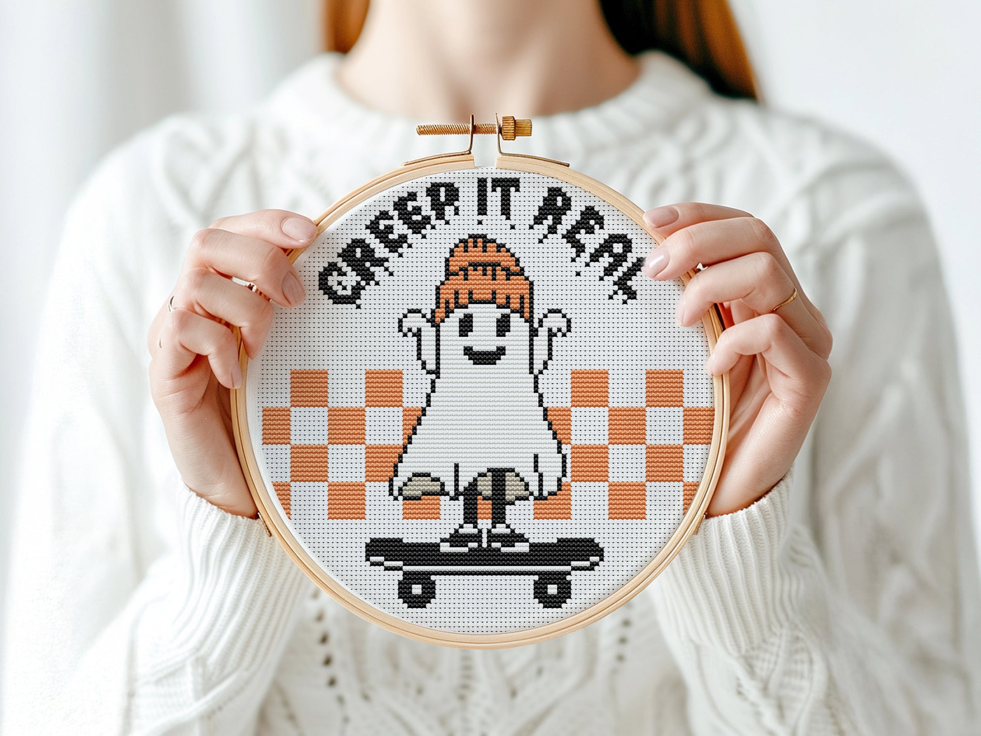 Creepy ghost Halloween cross stitch pattern, spooky embroidery design