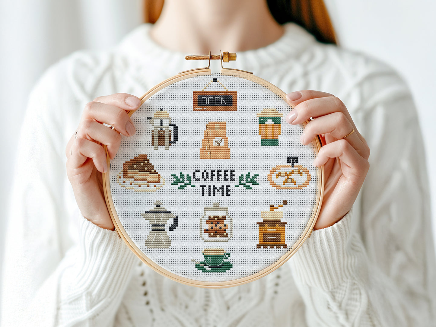 Coffee Time cross stitch pattern with coffee cups, beans, mugs, and cozy coffee-themed elements