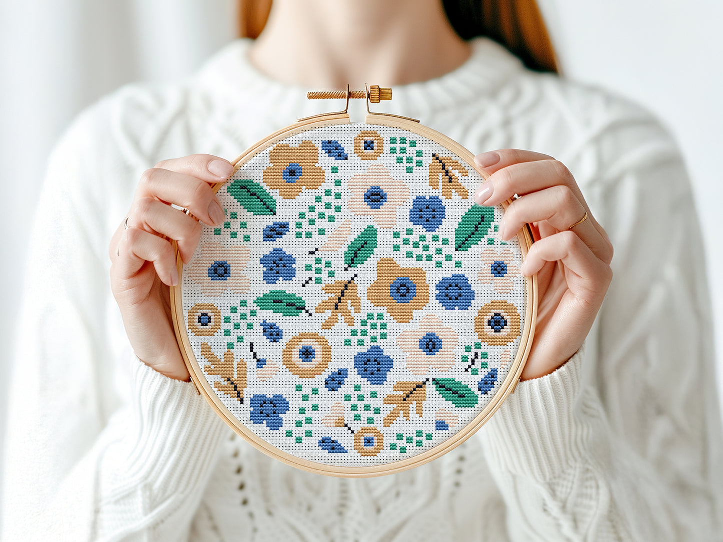 Modern floral bouquet cross stitch pattern – beige spring flowers PDF embroidery design