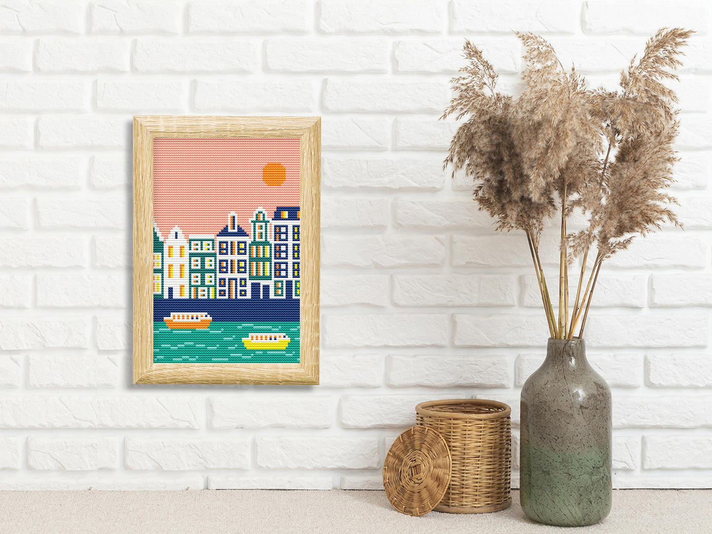 Amsterdam cityscape cross stitch pattern – modern PDF chart for travel lovers and handmade home decor