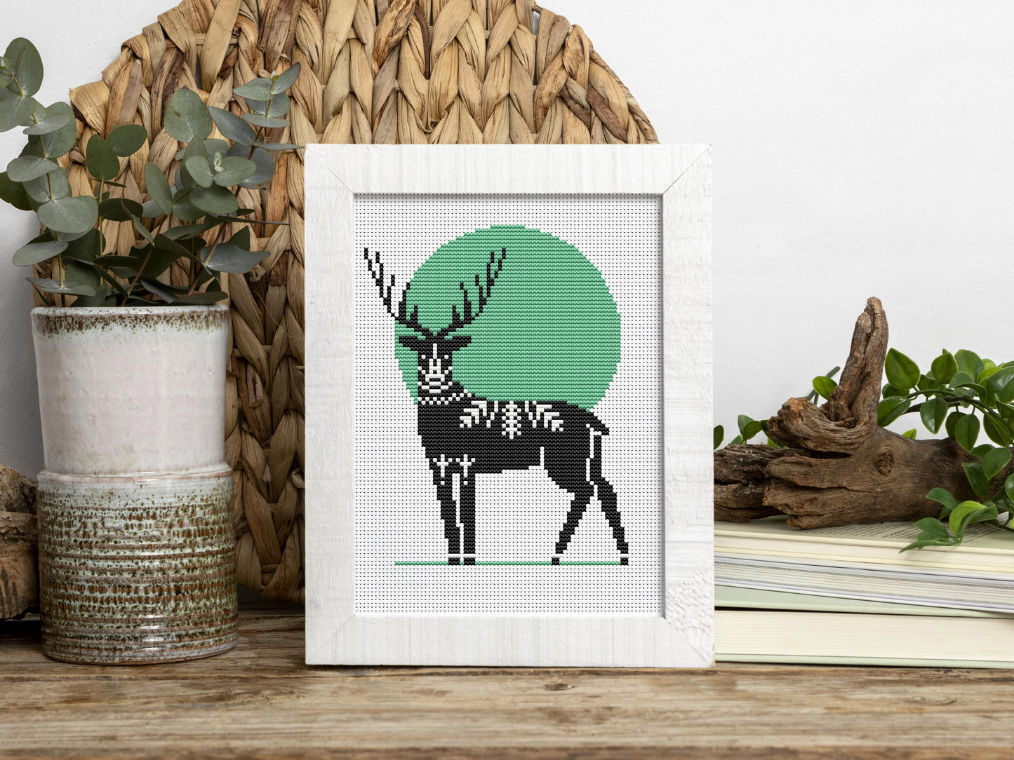 Scandinavian deer cross stitch pattern, Nordic folk embroidery design