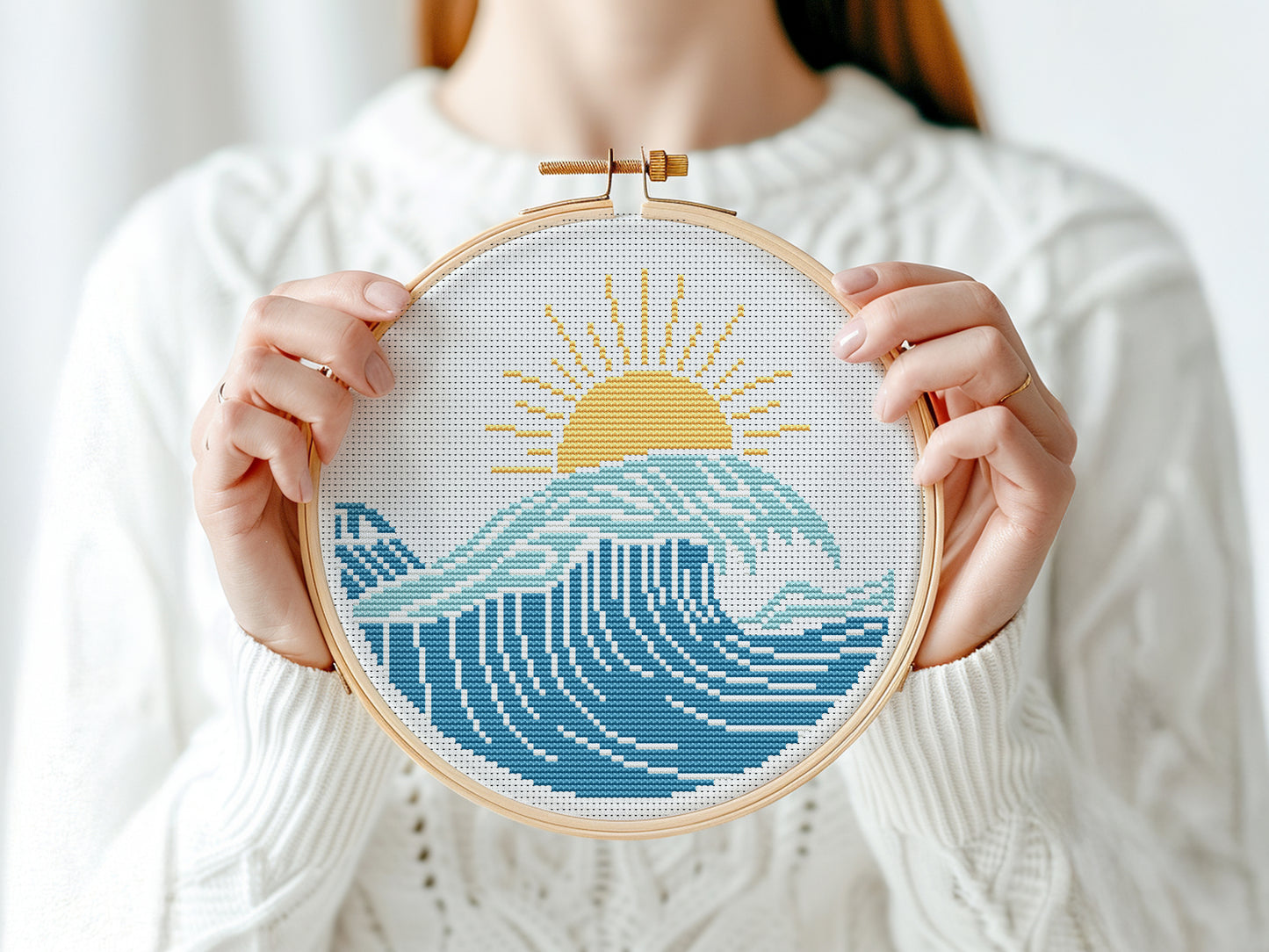 Sun and sea cross stitch pattern – surf vibes embroidery – modern beach PDF design
