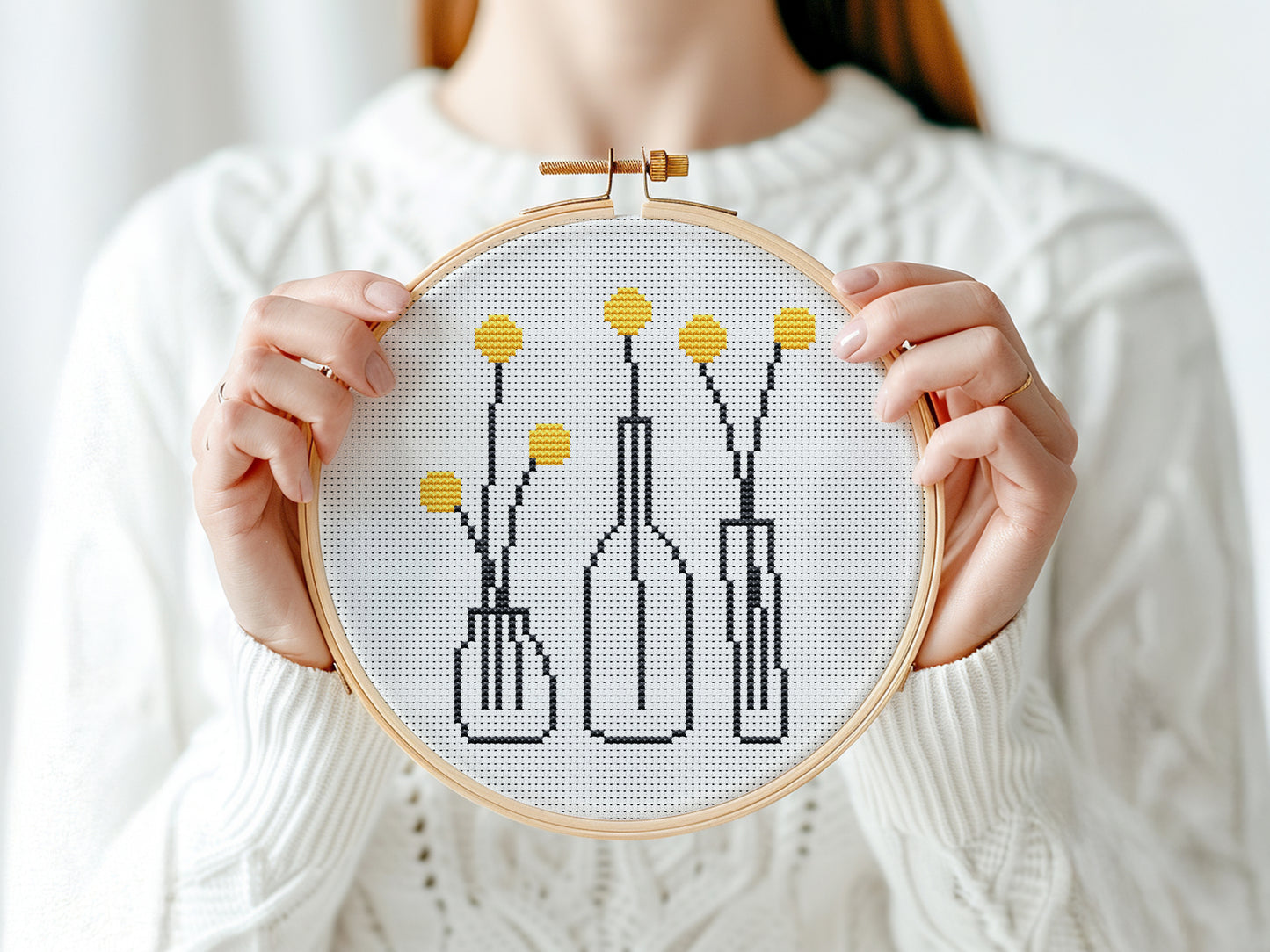 yellow flowers in outline pots cross stitch pattern, minimalist beginner embroidery on white background