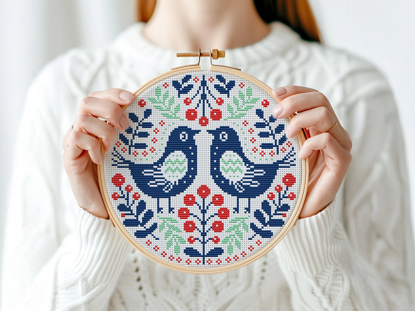 Nordic folk birds in ornaments cross stitch pattern, Scandinavian embroidery design