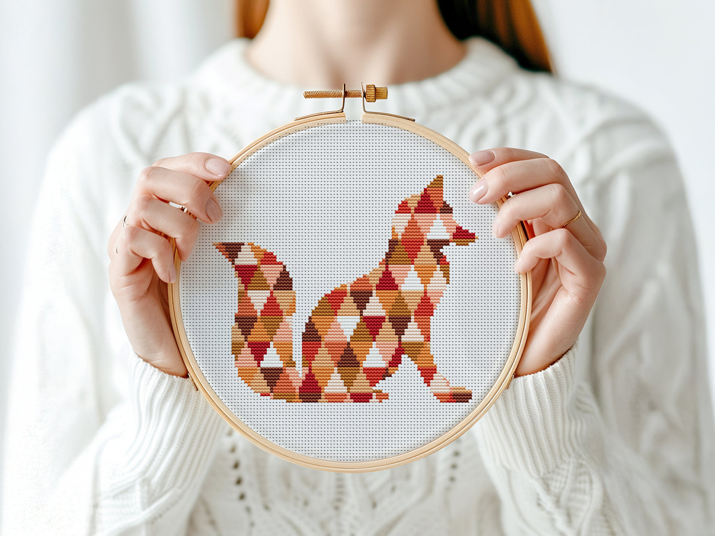 Geometric fox cross stitch pattern made of triangle shapes, modern minimalist PDF embroidery design