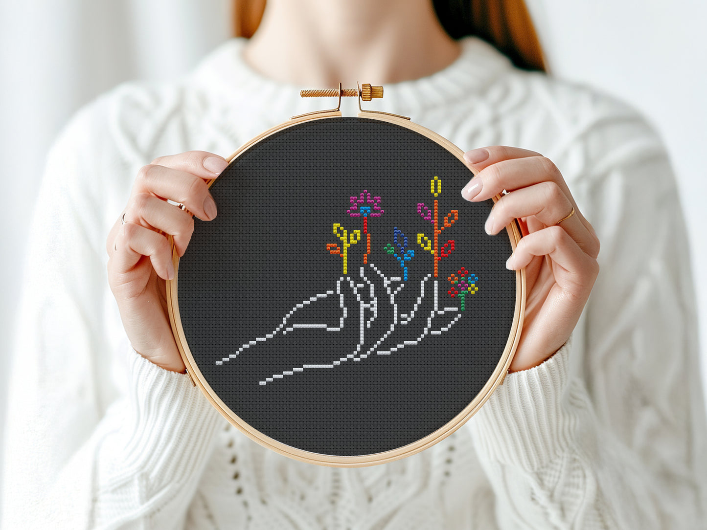 hands silhouette cross stitch pattern, floral embroidery on black canvas, modern minimalist design, set of 3 PDF charts