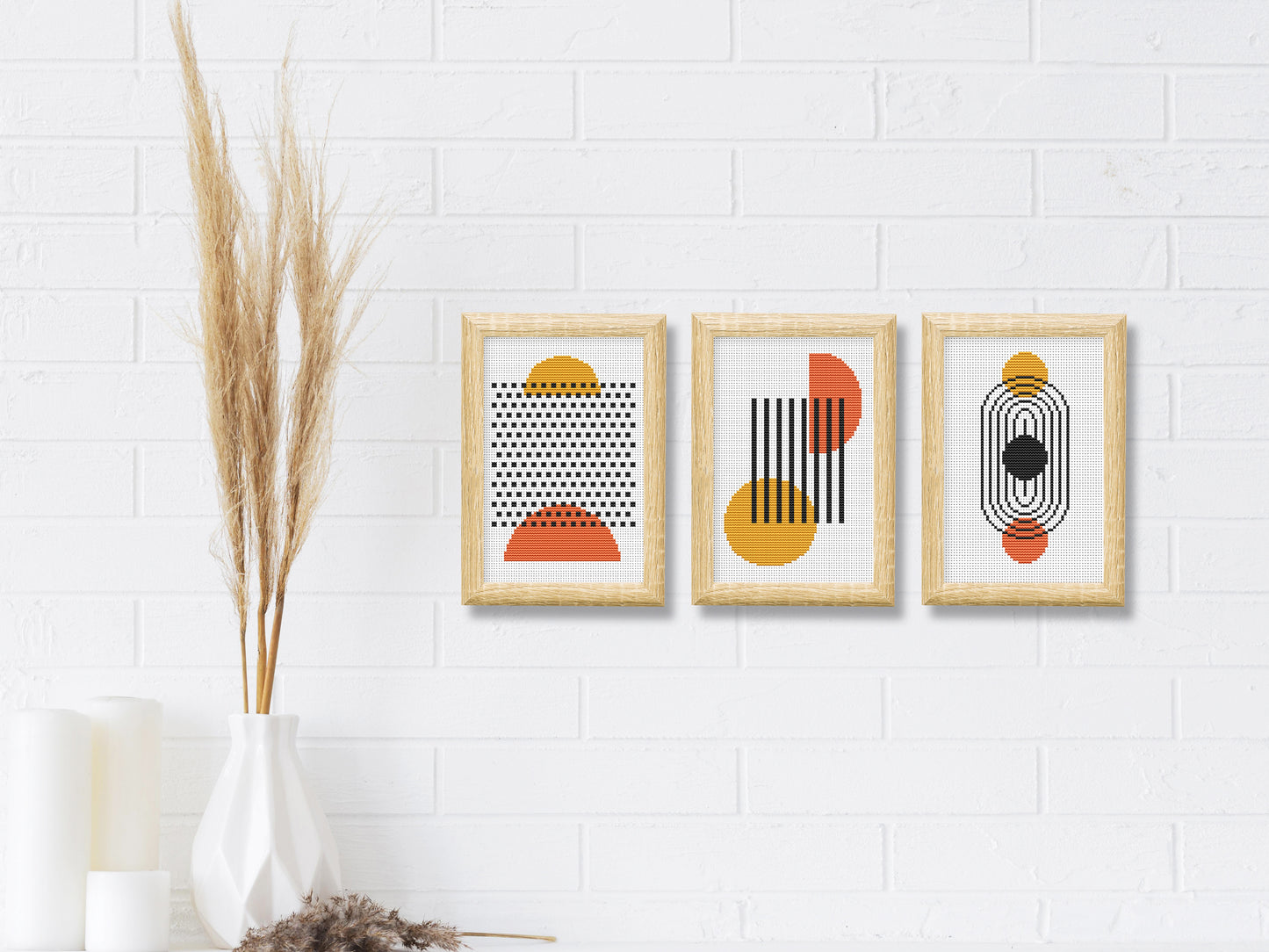 Abstract geometric shapes cross stitch patterns – modern minimalist PDF set of 3 for colorful hoop art and home decor