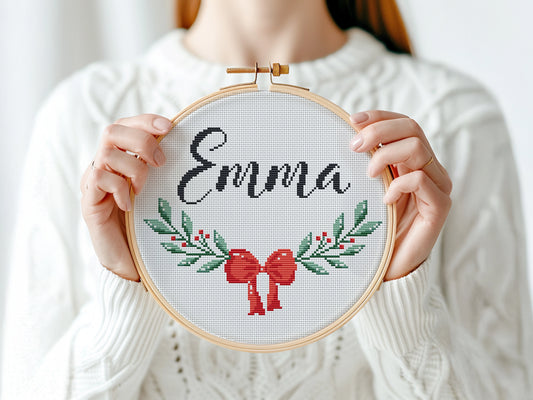 Personalized Christmas name cross stitch pattern with custom text, printable PDF chart