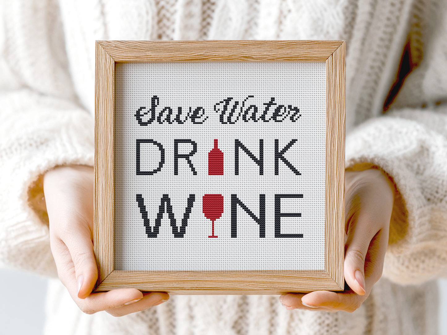 Save Water Drink Wine free cross stitch pattern, funny wine quote embroidery design