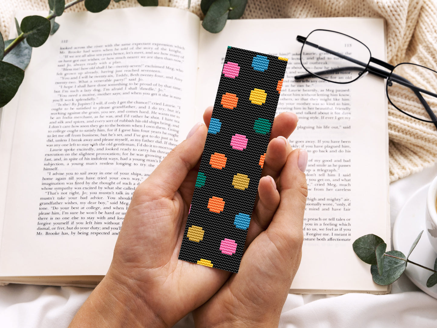 Modern cross stitch bookmarks – abstract PDF patterns on black Aida, colorful handmade gift ideas for readers and stitchers