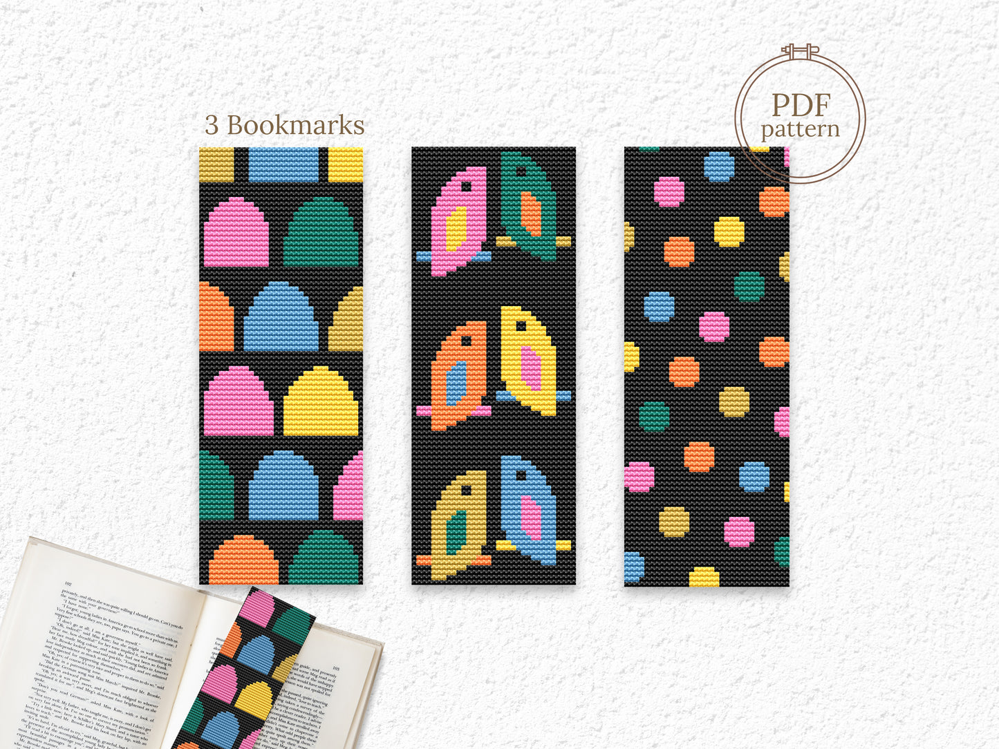 Modern cross stitch bookmarks – abstract PDF patterns on black Aida, colorful handmade gift ideas for readers and stitchers