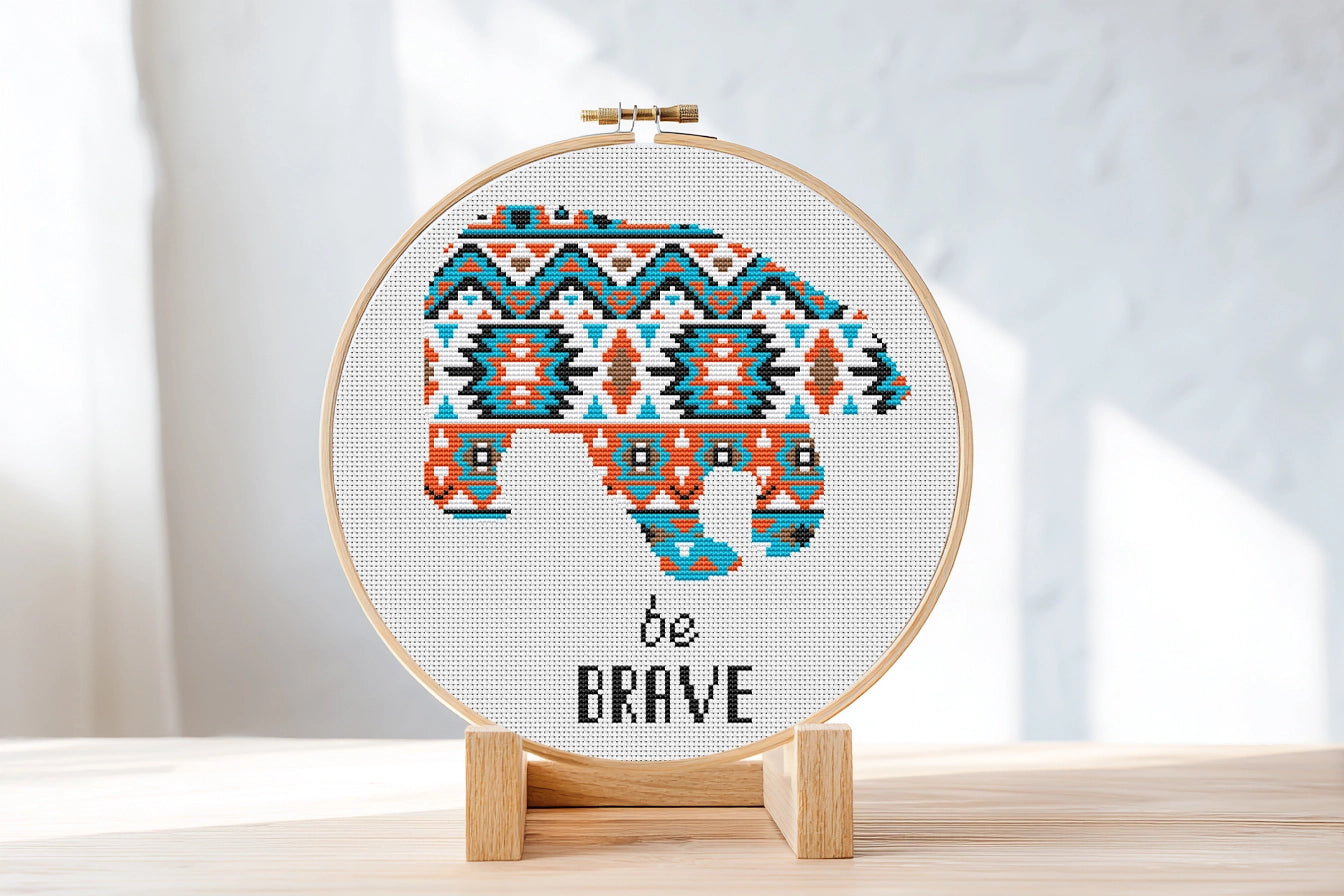 Be Brave Bear free cross stitch pattern, cute bear quote embroidery design