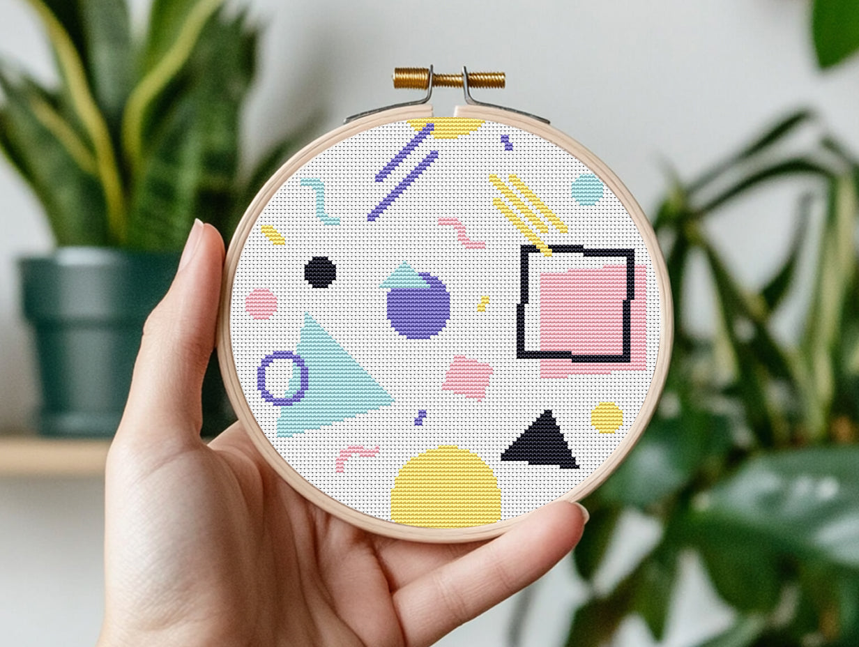 Memphis style abstract geometric shapes cross stitch pattern