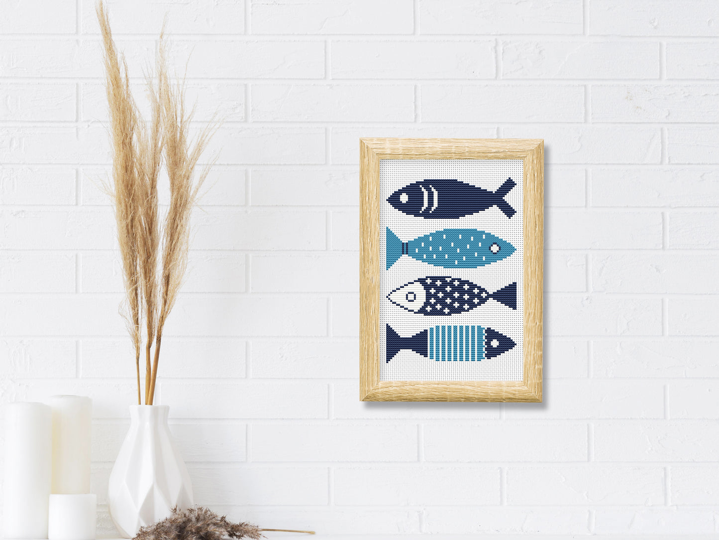 Abstract blue fishes cross stitch pattern – minimalist modern summer embroidery design PDF for ocean-themed decor