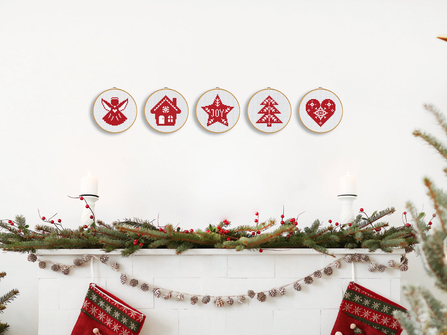Set of 5 mini Christmas cross stitch patterns, festive holiday embroidery designs