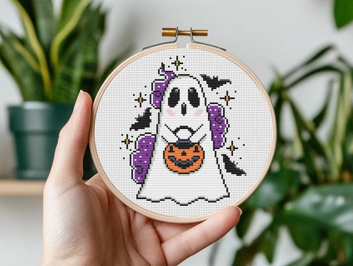 Spooky ghost cross stitch pattern for Halloween embroidery