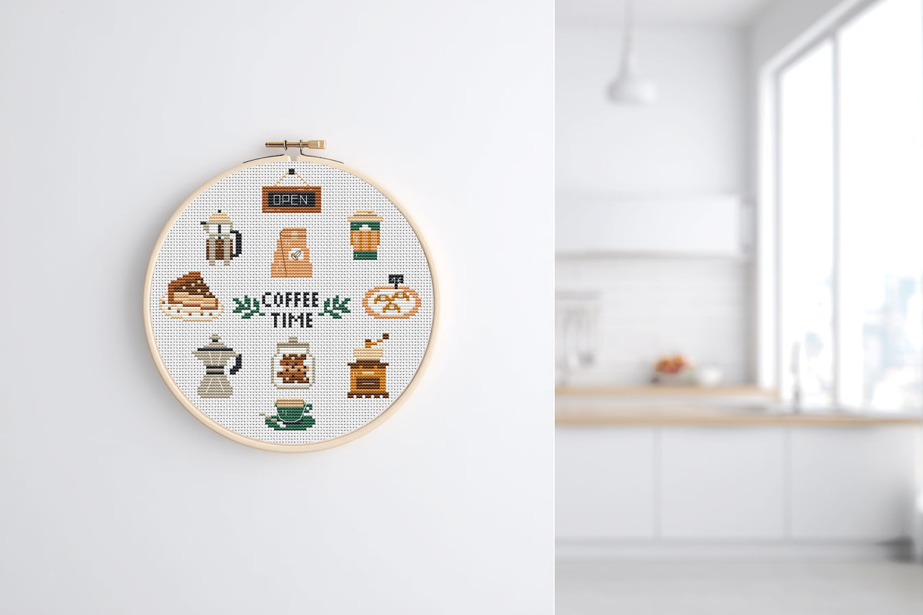 Coffee Time cross stitch pattern with coffee cups, beans, mugs, and cozy coffee-themed elements