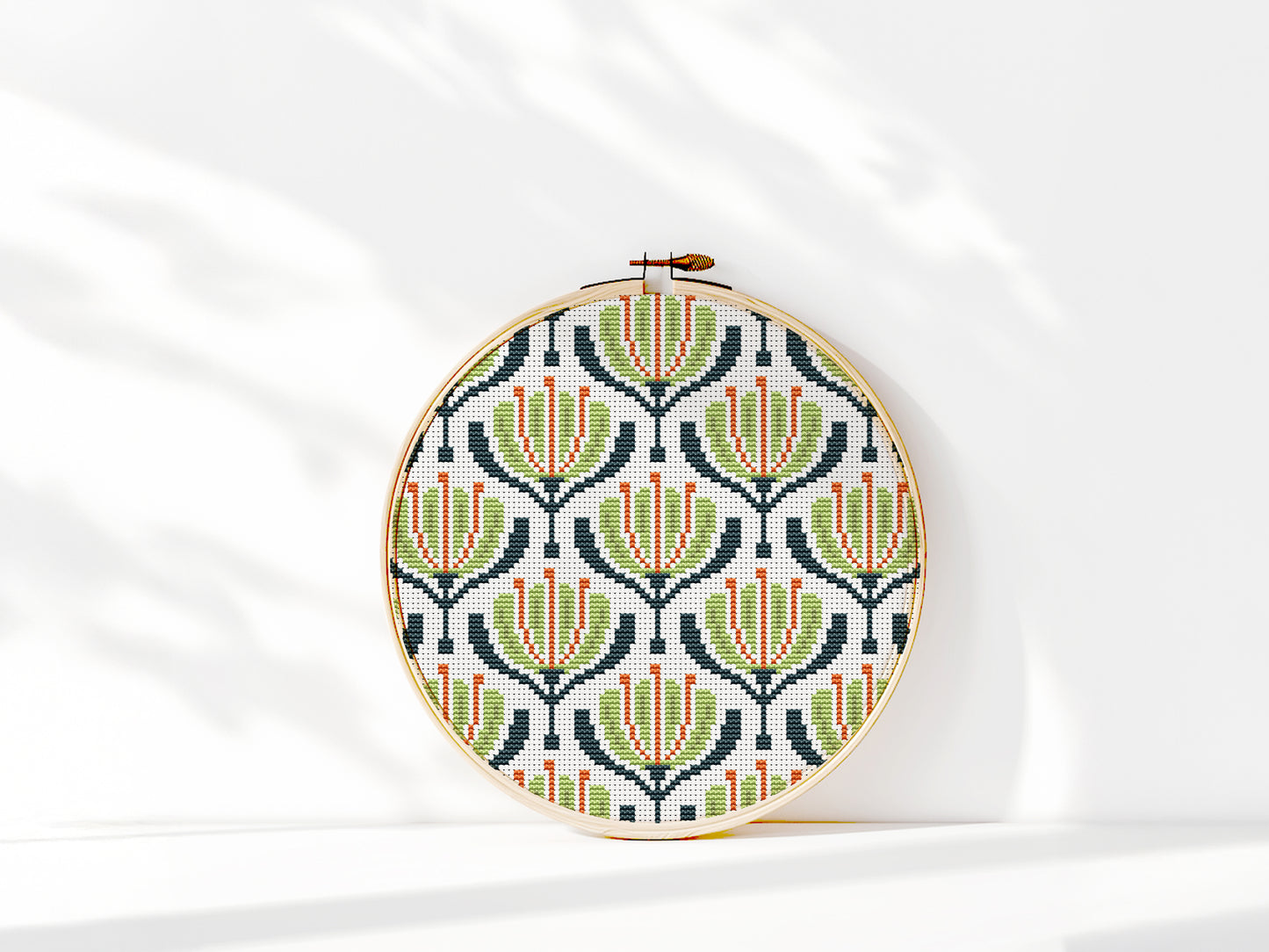 Green and red geometric flowers cross stitch pattern, modern PDF embroidery design
