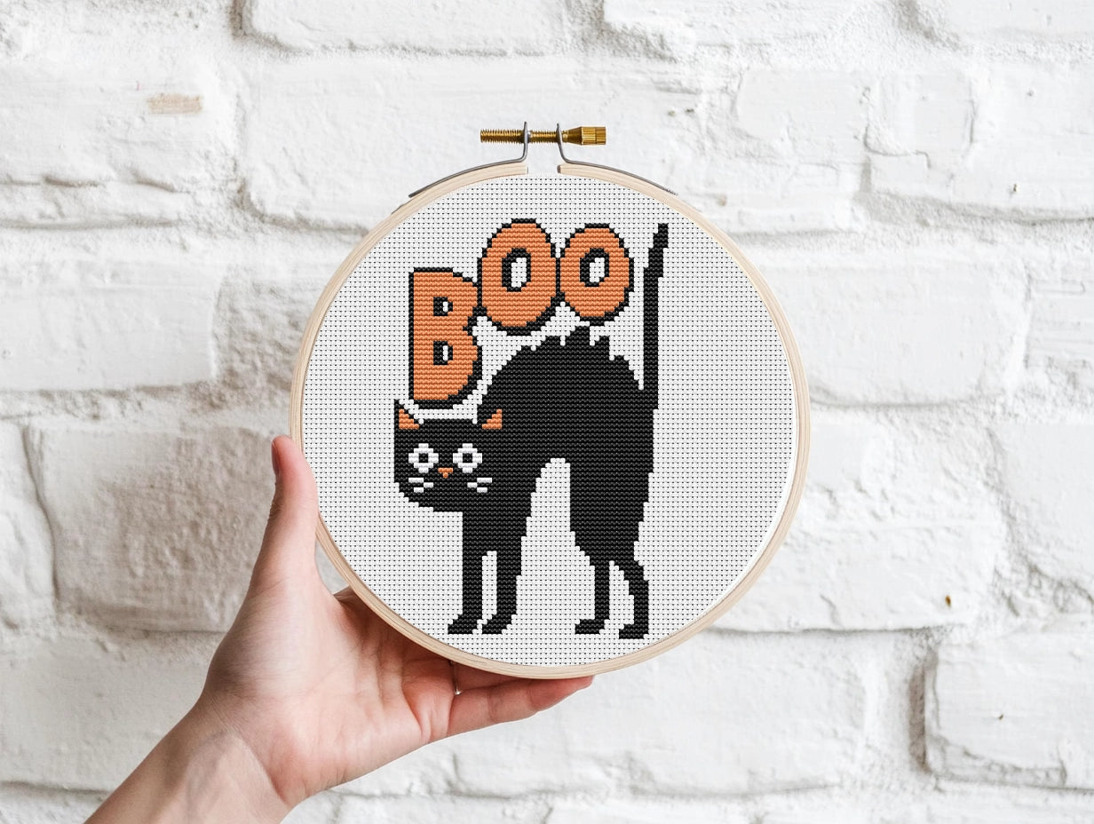 Boo Halloween cat cross stitch pattern, spooky cute embroidery design
