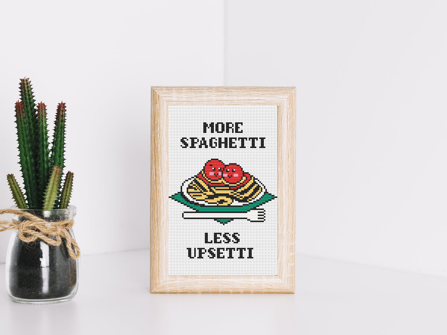 More Spaghetti Less Upsetti cross stitch pattern – funny kitchen quote embroidery PDF for modern food decor