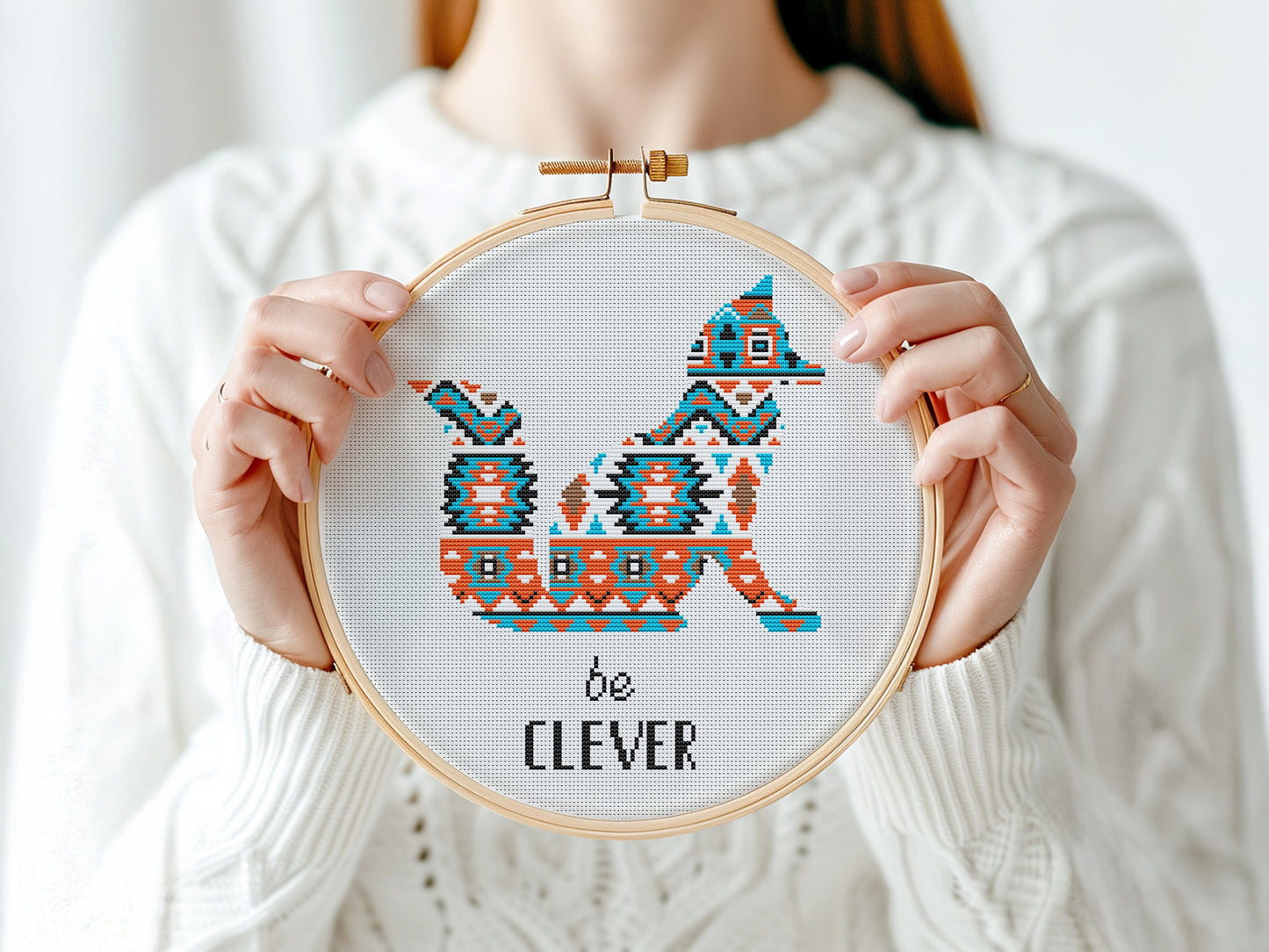 Tribal fox free cross stitch pattern, geometric woodland animal embroidery design