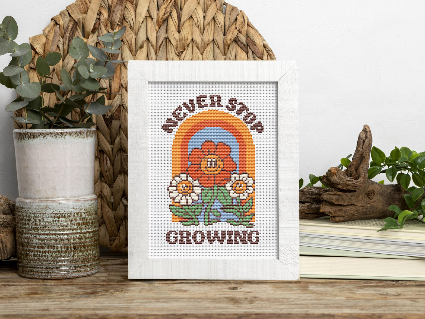 Never Stop Growing cartoon quote cross stitch pattern with retro colors – PDF download.