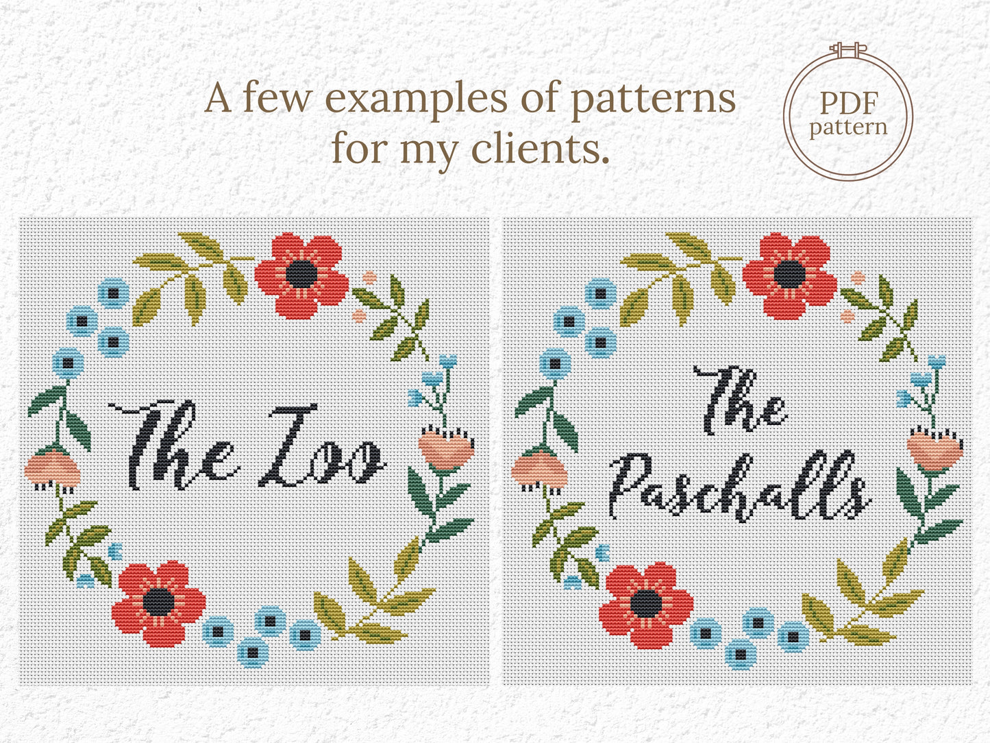 Personalized cross stitch pattern with custom text inside floral wreath - handmade PDF design