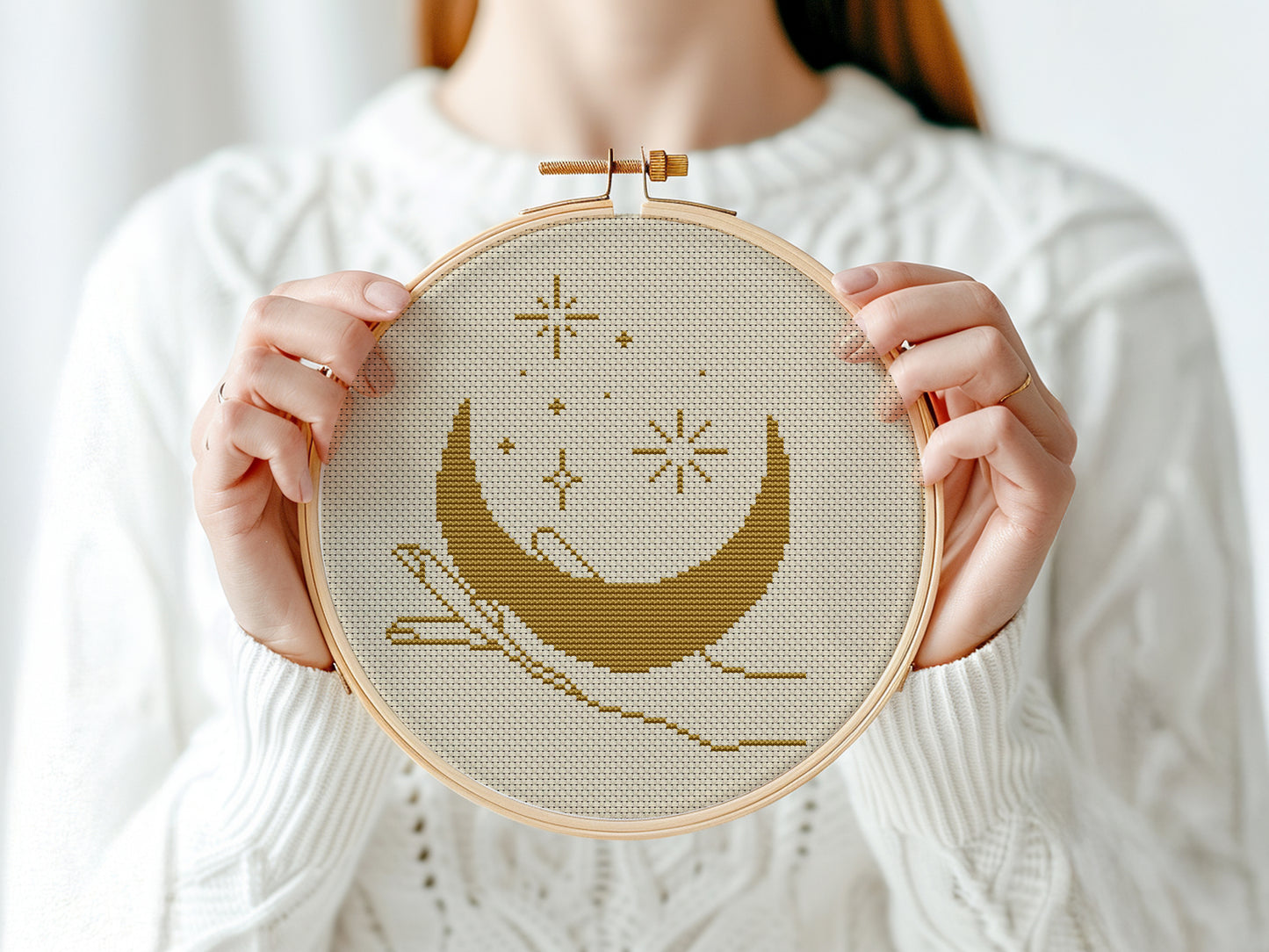 Celestial cross stitch PDF set with mystical moon, stars, hands, and sacred symbols – digital embroidery design