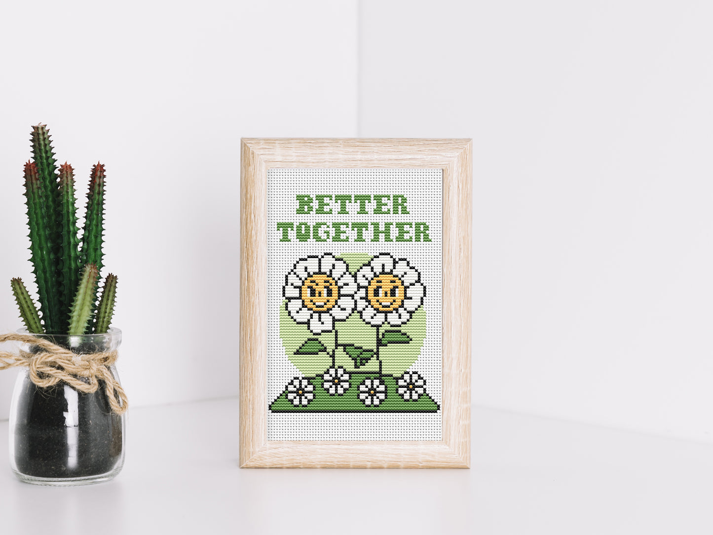 Better together cross stitch pattern – cute daisies quote PDF for friends or couple, modern embroidery chart