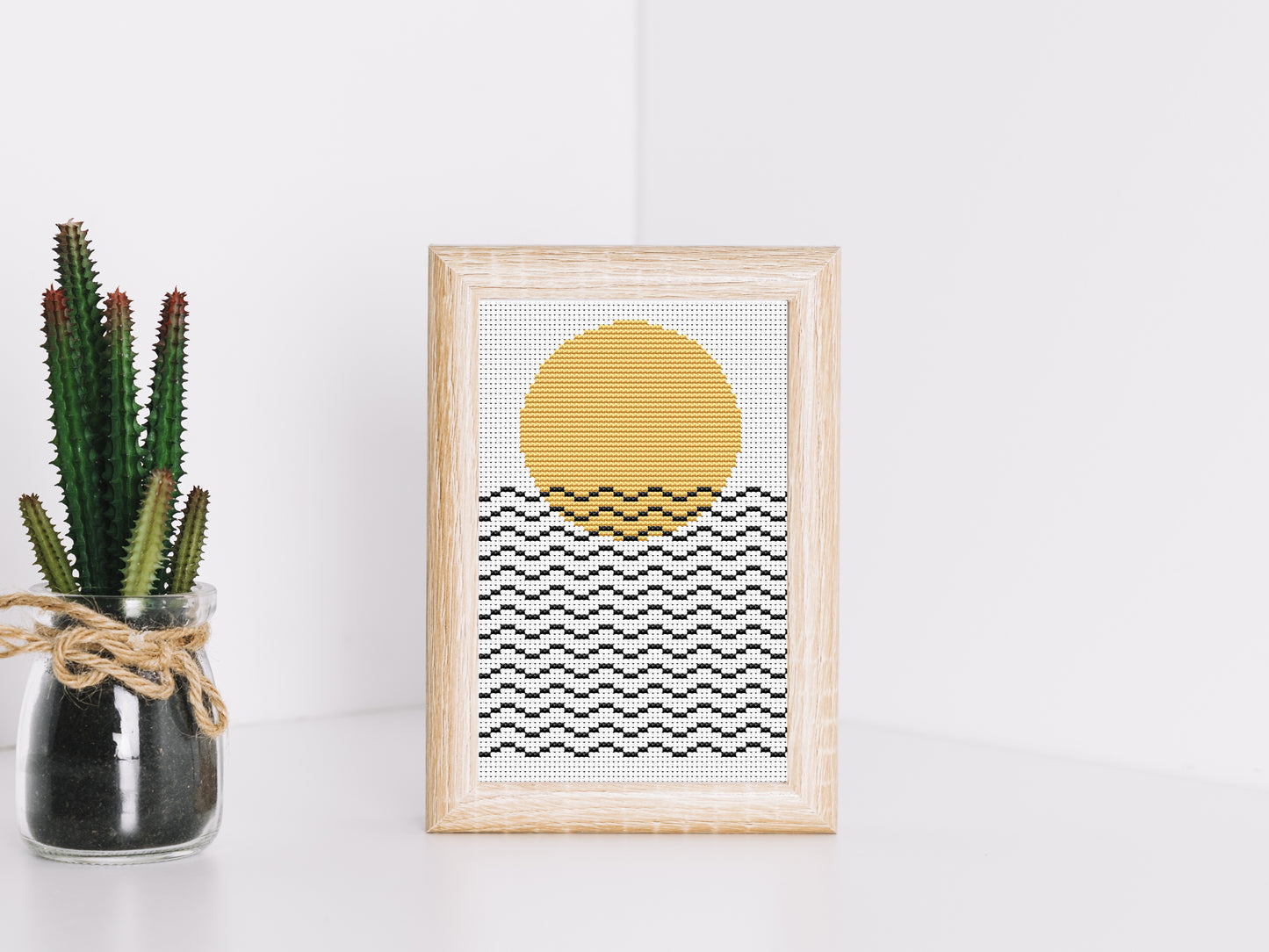 Abstract cross stitch pattern with geometric sun and sea lines – modern minimalist embroidery PDF