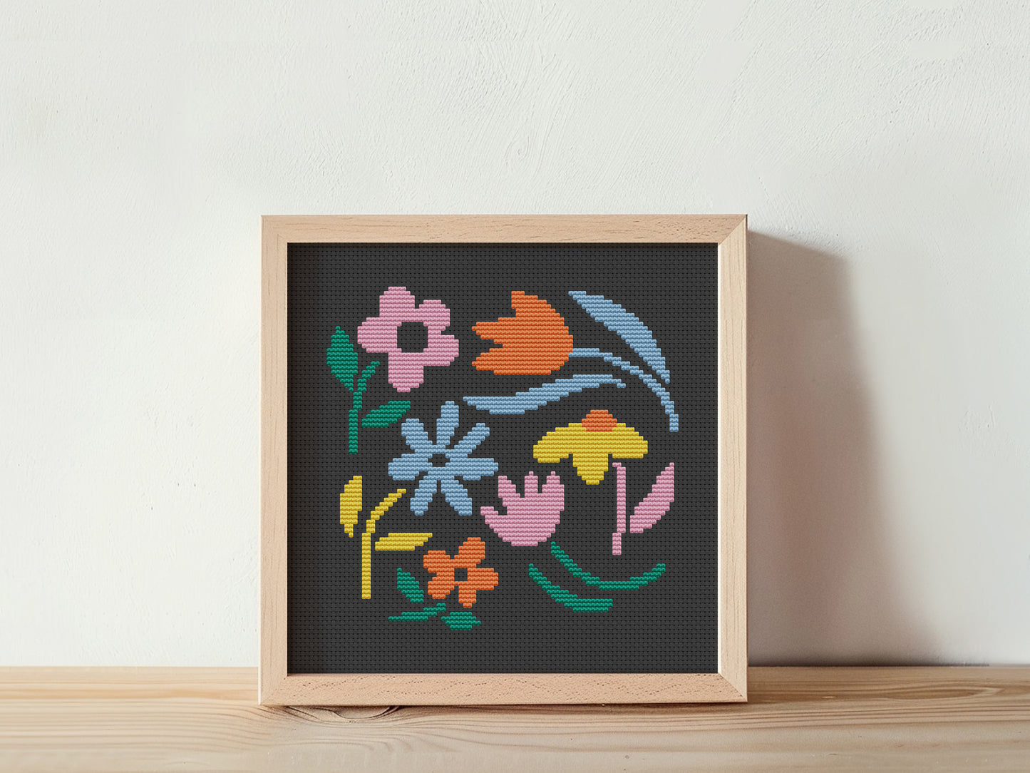 Abstract colorful flowers cross stitch pattern – modern PDF floral design on black canvas for hoop art and creative gifts