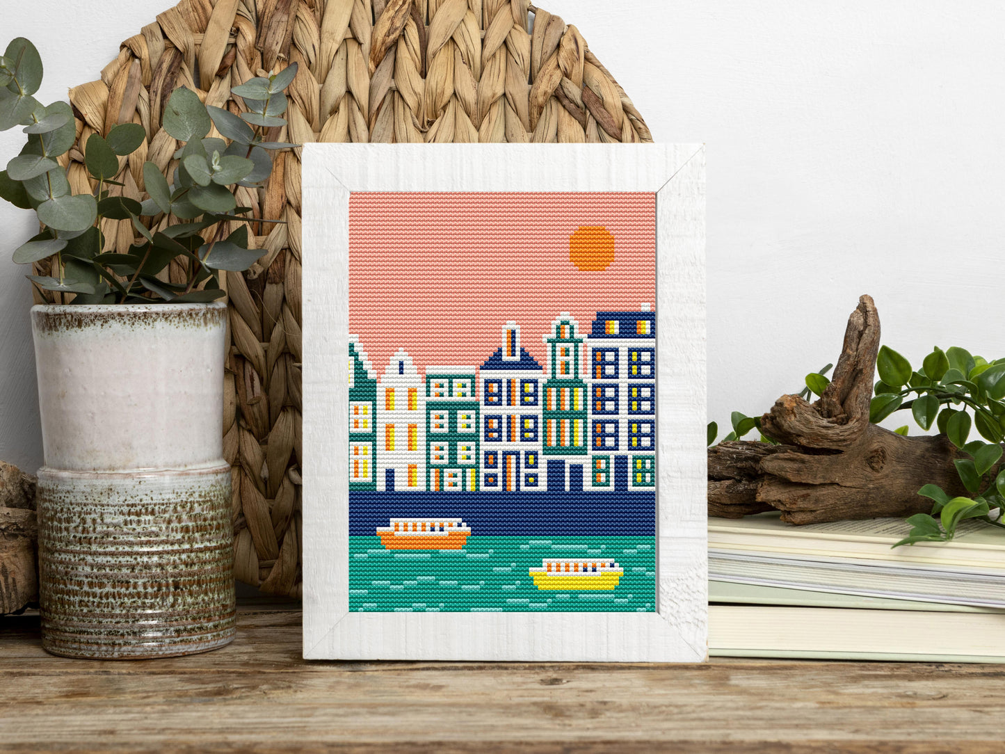Amsterdam cityscape cross stitch pattern – modern PDF chart for travel lovers and handmade home decor