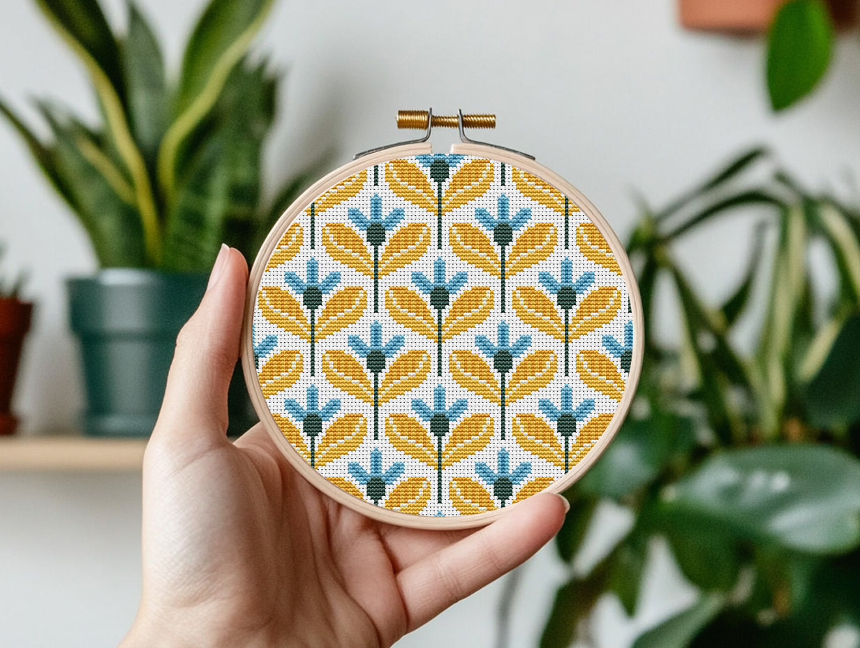 Yellow and blue geometric flowers cross stitch pattern, modern PDF embroidery design
