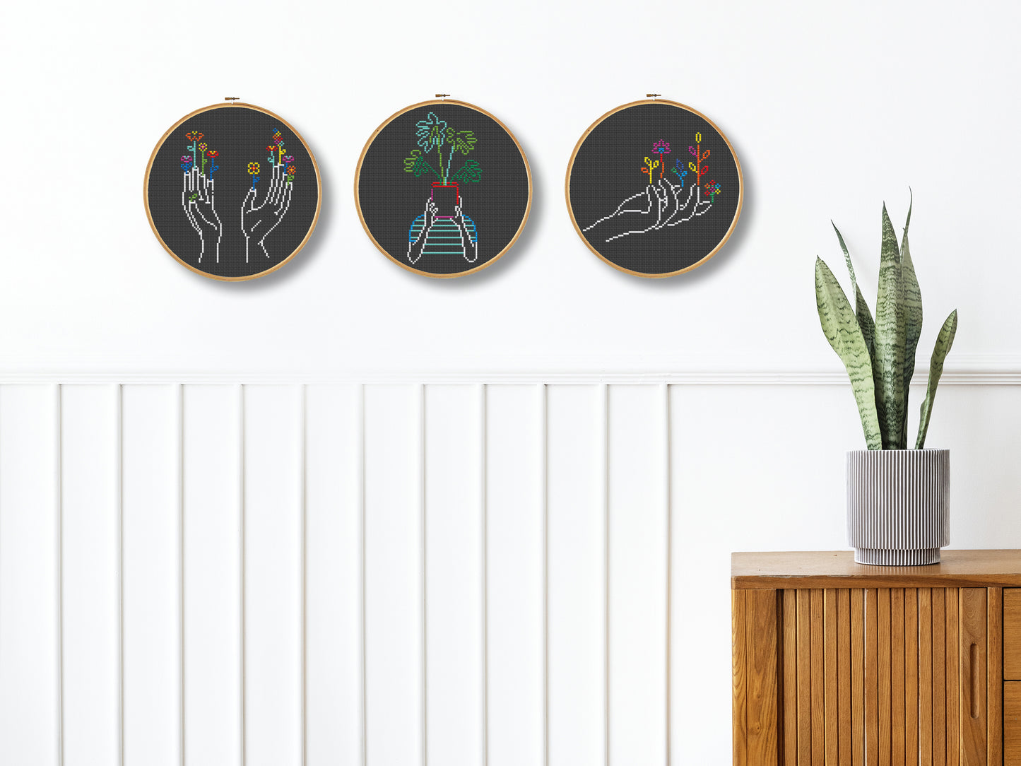 hands silhouette cross stitch pattern, floral embroidery on black canvas, modern minimalist design, set of 3 PDF charts